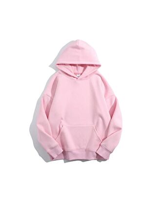 Trendseninle Kadın Pembe Düz Oversize Kapüşonlu Sweatshirt