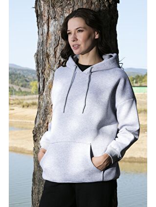 Lela Gri Regular Fit Pamuklu Kapüşonlu Yaka Şardonlu Kışlık Sweat 5863854