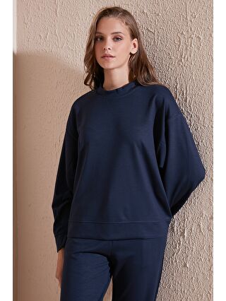 Lela Lacivert Streş Bisiklet Yaka Oversize Fit OYSHO Kumaş Kadın Sweat 5865879