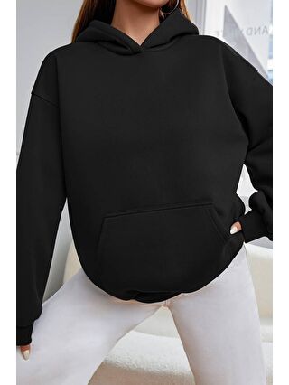 Trendseninle Kadın Siyah Düz Oversize Kapüşonlu Sweatshirt Hoodie