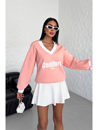 Trendseninle Kadın Pudra Pembe Comfort In Paris Baskılı V Yaka Oversize New Sweatshirt