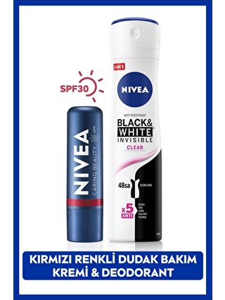 NIVEA Kadın Sprey Deodorant Black&White Invisible Clear 150ml,Kırmızı Renkli Dudak Bakım Kremi,Nemlendirme