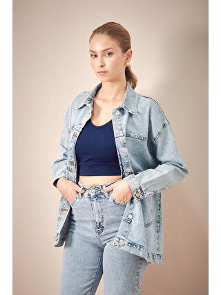 Fullamoda Mavi Basic Düğmeli Çift Cepli Oversize Jean Ceket