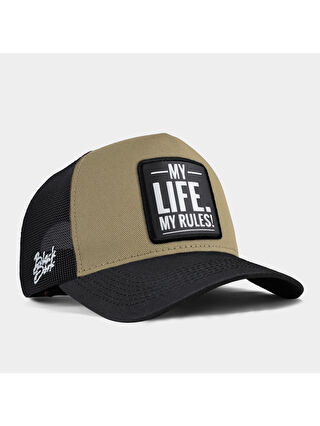 BlackBörk Bej V1 Trucker My Life My Rules - 1 Kod Logolu Unisex Siyah Siperli Siyah-Vizon Şapka (Cap)