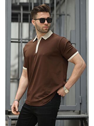 MADMEXT Kahverengi Fermuar Detaylı Polo Yaka Erkek Tshirt 6880