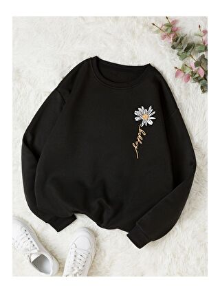 Trendseninle Kadın Siyah Flower Baskılı Bisiklet Yaka Sweatshirt