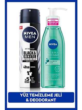 NIVEA Derma Skin Clear Sivilce Karşıtı Yüz Temizleme Jeli 150ml, Erkek Sprey Deodorant Black&White 150ml