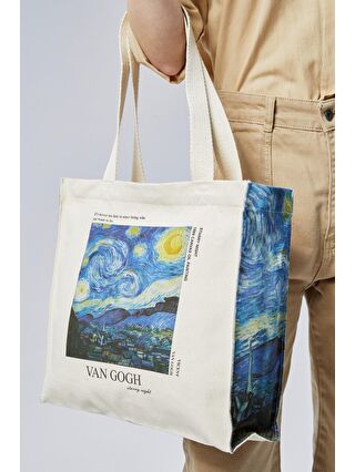 Bagg Ekru Kanvas Körükleri Van Gogh Baskılı Çanta