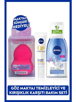 NIVEA Çift Etkili Göz Makyaj Temizleyici 125 ml ve Q10 Göz Bakım Kremi 15 ml, Makyaj Süngeri Hediye