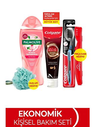 Colgate Diş Macunu 125 ml, Orta Diş Fırçası, Palmolive Duş Jeli 500 ml + Duş Lifi & Fırça Kabı