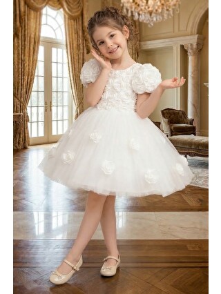 Mnk Baby & Kids Beyaz Nakışlı Kız Çocuk Abiye Elbise - S000530839