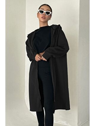 Trendseninle Kadın Siyah Oversize Cepsiz Uzun Kapüşonlu Hırka