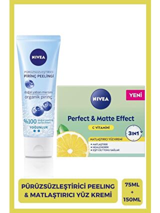 NIVEA Pürüzsüzleştirici Pirinç Yüz Peeleng 75ml ve Perfect&Matte Matlaştırıcı Gündüz Yüz Bakım Kremi