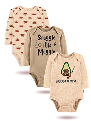 MAHFEL Bej 3'Lü "SNUGGLE THİS MUGGLE "Baskılı Uzun Kollu Unisex Bebek Çıtçıtlı Body