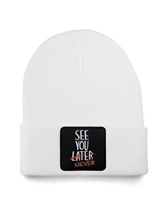 BlackBörk V1 Akrilik See You Later Never - 2 Kod Logolu Unisex Beyaz Bere (Beanie)