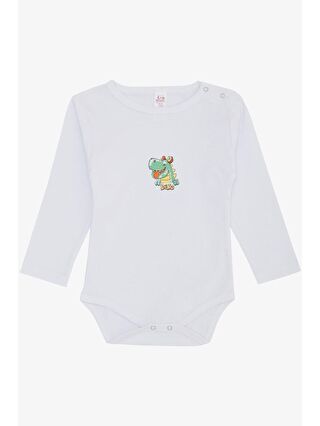 Breeze Erkek Bebek Çıtçıtlı Zıbın Body Mutlu Dinozor Baskılı Beyaz (9 Ay-3 Yaş)