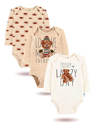 MAHFEL Ekru 3'Lü " TODAY LAZY DAY "Baskılı Uzun Kollu Unisex Bebek Çıtçıtlı Body