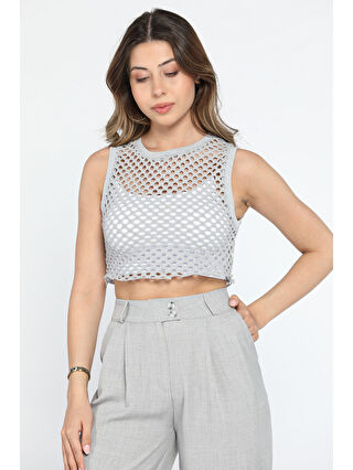 GÜLSELİ Gri Bisiklet Yaka File Kadın Crop Top Örme Süveter