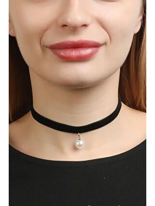 New Obsessions Siyah Velvet Pearl Choker Tasma Kolye