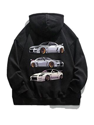 Oksit Siyah Retro Cars Araba Baskılı Pamuklu Unisex Sweatshirt