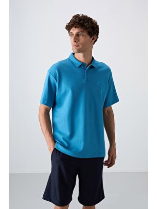 TOMMYLIFE Petrol Mavi Pamuklu Kalın Yumuşak Dokulu Oversize Fit Basic Polo Yaka Erkek T-Shirt - 88327