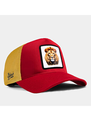 BlackBörk Beyaz V1 Trucker Aslan- 10BS Kod Logolu Unisex Kırmızı - Sarı Fileli Şapka (Cap)