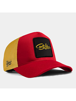 BlackBörk V1 Trucker Boss - 2 Kod Logolu Unisex Kırmızı - Sarı Fileli Şapka (Cap