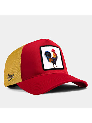 BlackBörk Beyaz V1 Trucker Horoz - 1 Kod Logolu Unisex Kırmızı - Sarı Fileli Şapka (Cap)