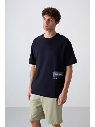 TOMMYLIFE Lacivert Pamuklu Kalın Yumuşak Dokulu Oversize Fit Baskılı Erkek T-Shirt - 88322