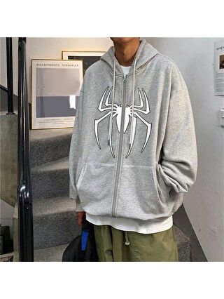 Touz Moda Spider Baskılı Oversize Fermuarlı Gri Unisex Kapüşonlu Hırka