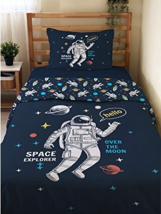 EVMİLA Karışık Çift Taraflı Astronot Desenli Çarşafsız Takım Tek Kişilik Nevresim Takımı 160x220 Cm