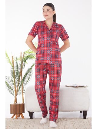 TOFİSA Gömlek Yaka Kadın Kırmızı Ekoseli Kısa Kollu Pijama Takımı - 25902