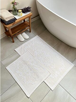 Bluenity Raya Damask Doğal Pamuklu 2'li Banyo Paspas Seti 60x100+50x60 Cm - Beyaz