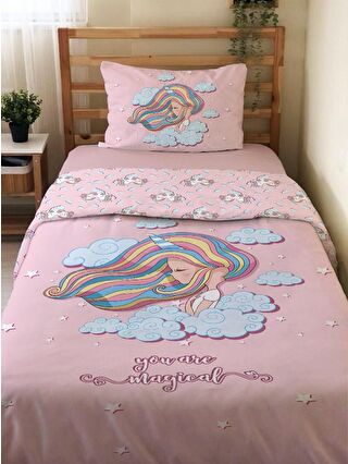 EVMİLA Karışık Çift Taraflı Unicorn Desenli Çarşafsız Takım Tek Kişilik Nevresim Takımı 160x220 Cm