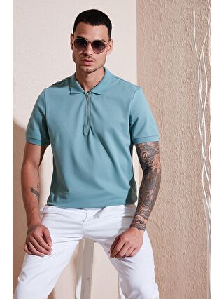 Buratti Mavi Pamuklu Regular Fit Fermuarlı Polo Yaka Erkek T Shirt 5902915