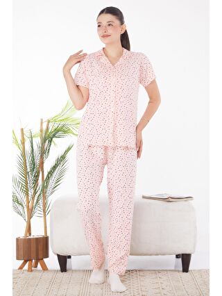 TOFİSA Gömlek Yaka Kadın Pembe Kalp Desenli Pijama Takımı - 25904