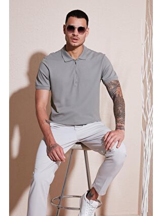 Buratti Gri Pamuklu Regular Fit Fermuarlı Polo Yaka Erkek T Shirt 5902915