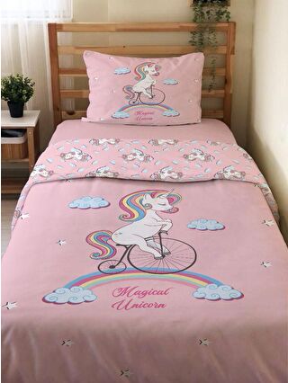 EVMİLA Karışık Çift Taraflı Unicorn Desenli Çarşafsız Takım Tek Kişilik Nevresim Takımı 160x220 Cm