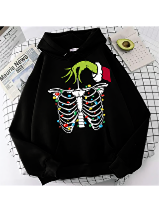 Touz Moda Yılbaşı Gothic Baskılı Siyah Unisex Oversize Kapüşonlu Sweatshirt