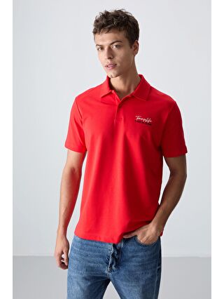 TOMMYLIFE Kırmızı Fiesta Pamuklu Kalın Yumuşak Dokulu Standart Fit Baskılı Polo Yaka Erkek T-Shirt - 88346