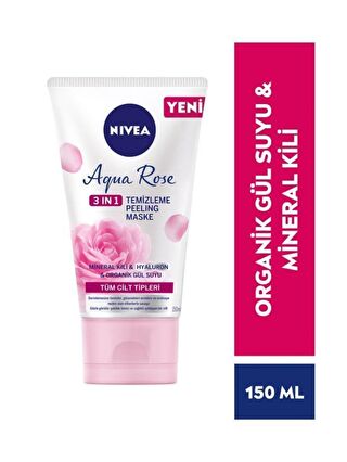 NIVEA Aqua Rose 3Ü1 Arada Yüz Temizleme Peeling Maske, Organik Gül Suyu, Hyaluron, Mineral Kili 150 ml