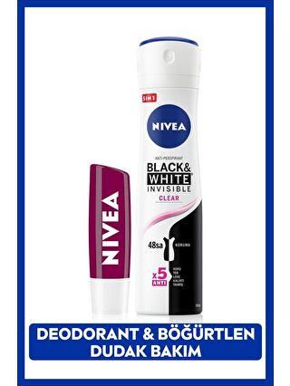 NIVEA Kadın Sprey Deodorant Black&White Clear, 48 Saat Koruma ve Nemlendirici Böğürtlen Dudak Bakım Kremi