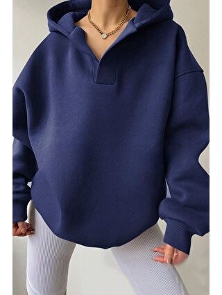 Trendseninle Kadın Lacivert Relax Yaka Detay Oversize Kapüşonlu Sweatshirt