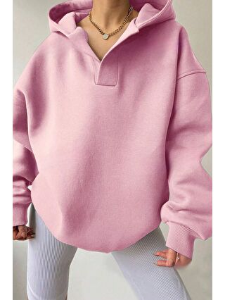 Trendseninle Kadın Pembe Relax Yaka Detay Oversize Kapüşonlu Sweatshirt