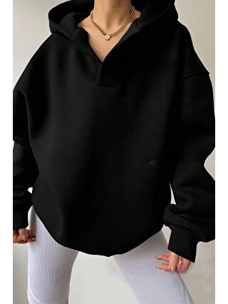 Trendseninle Kadın Siyah Relax Yaka Detay Oversize Kapüşonlu Sweatshirt