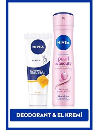 NIVEA Kadın Sprey Deodorant Pearl&Beauty 150ml, ve Nemlendirici Koruyucu El Bakım Kremi 75ml