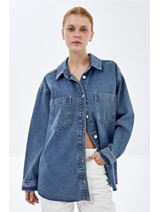 Pieces of Melon Renksiz Mavi Oversize Metal Düğmeli Denim Gömlek Ceket