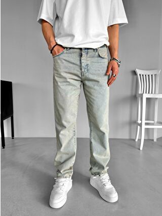 ablukaonline Baggy Fit Eskitilmiş Jean Pantolon Buz Mavi