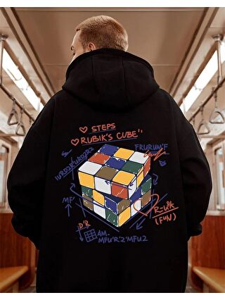 Touz Moda Street Wear Rubik Küp Baskılı Oversize Unisex Siyah Kapüşonlu Hoodie Sweatshirt