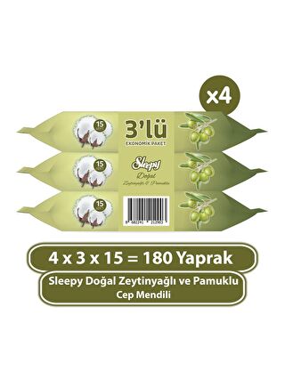 Sleepy 4'lü PaketDoğal Zeytinyağlı ve Pamuklu Cep Mendili 4x3x15 (180 Yaprak)